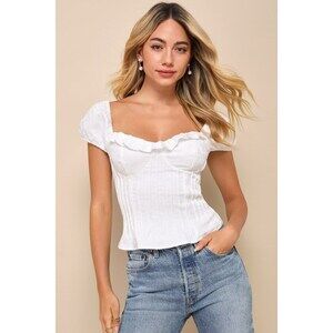 Lulus Sweet Poise Ivory Floral Jacquard Lace-up Puff Sleeve Top White - Size L
